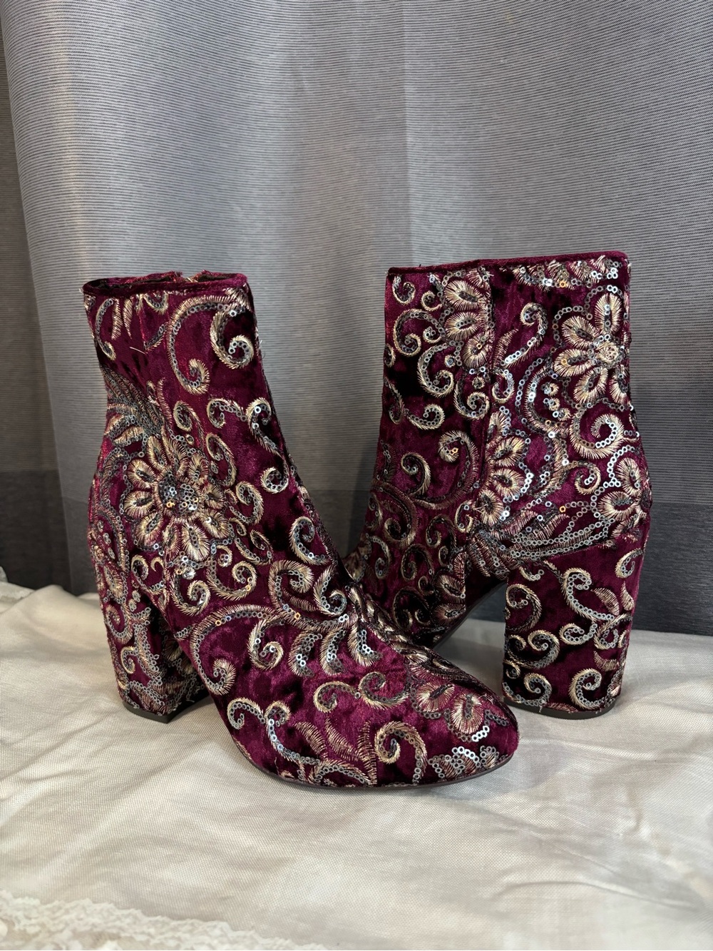 Embellished Burgundy Velvet Ankle Booties